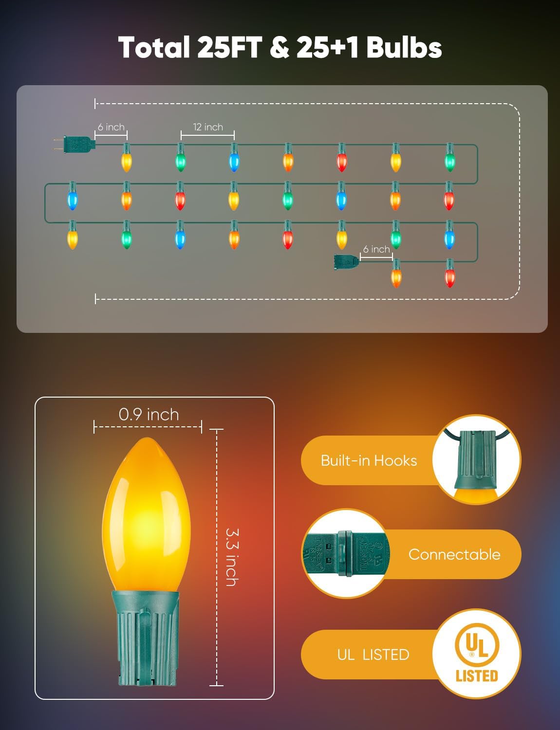 Vintage C9 LED Christmas Lights Outdoor, 25FT Multicolor Christmas String Lights with 26 Colorful Bulbs, Connectable Waterproof Lights for Christmas Tree Roofline Garden Patio Backyard Decoration