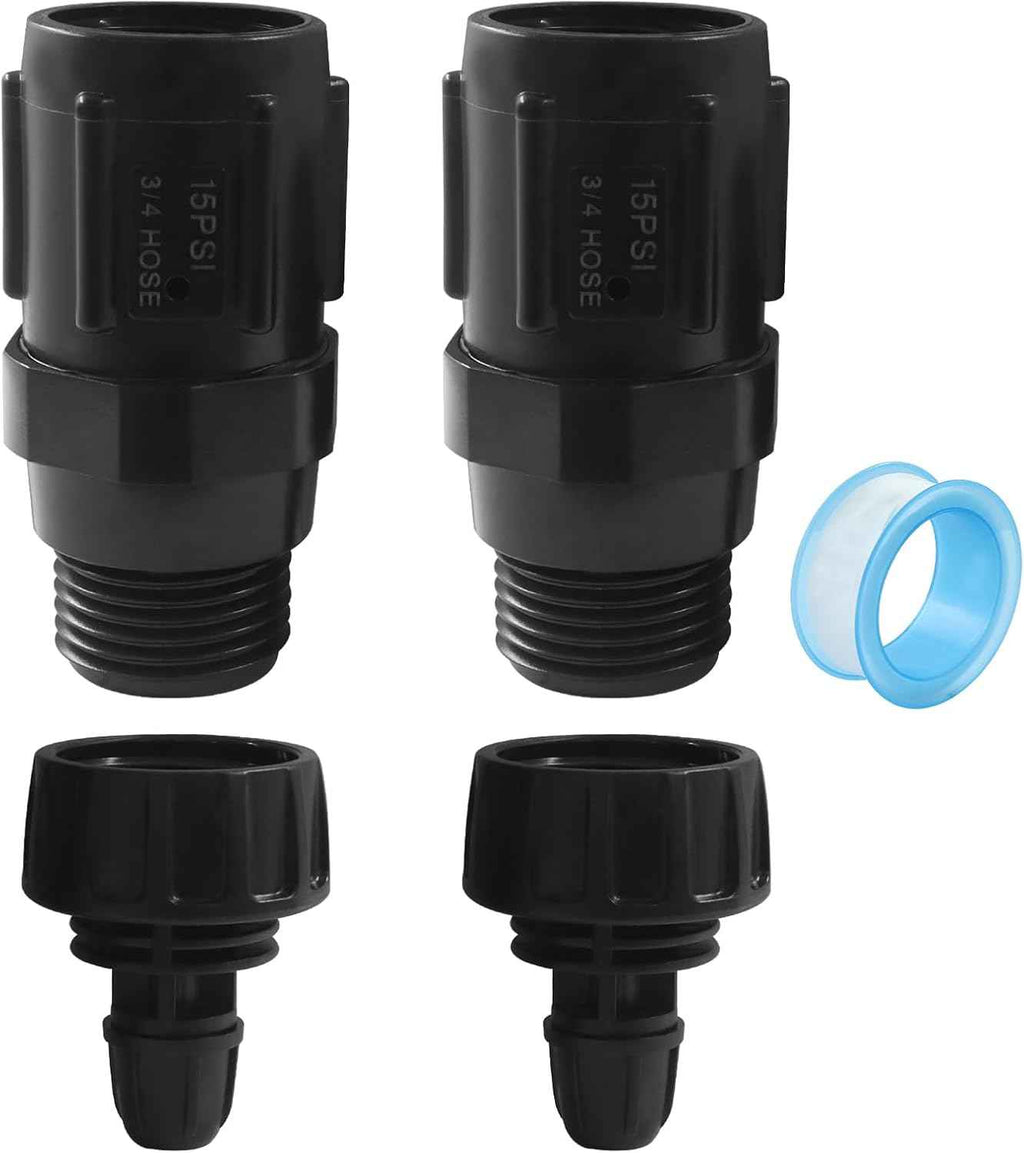 15PSI Drip Irrigation Faucet Adapter Kit | 2pcs 3/4" FHT x 3/4" MHT Pressure Regulator, 2pcs 1/4 Inch Tubing Adapter, 1 Roll Plumbing Tape, Efficient Garden Watering