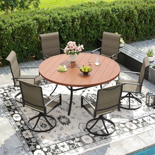 DIFY 50" Round Outdoor Patio Dining Table for 6, Metal Patio Table with 1.57" Adjustable Umbrella Hole, All-Weather Dining Furniture Table for Backyard Lawn Garden, Walnut