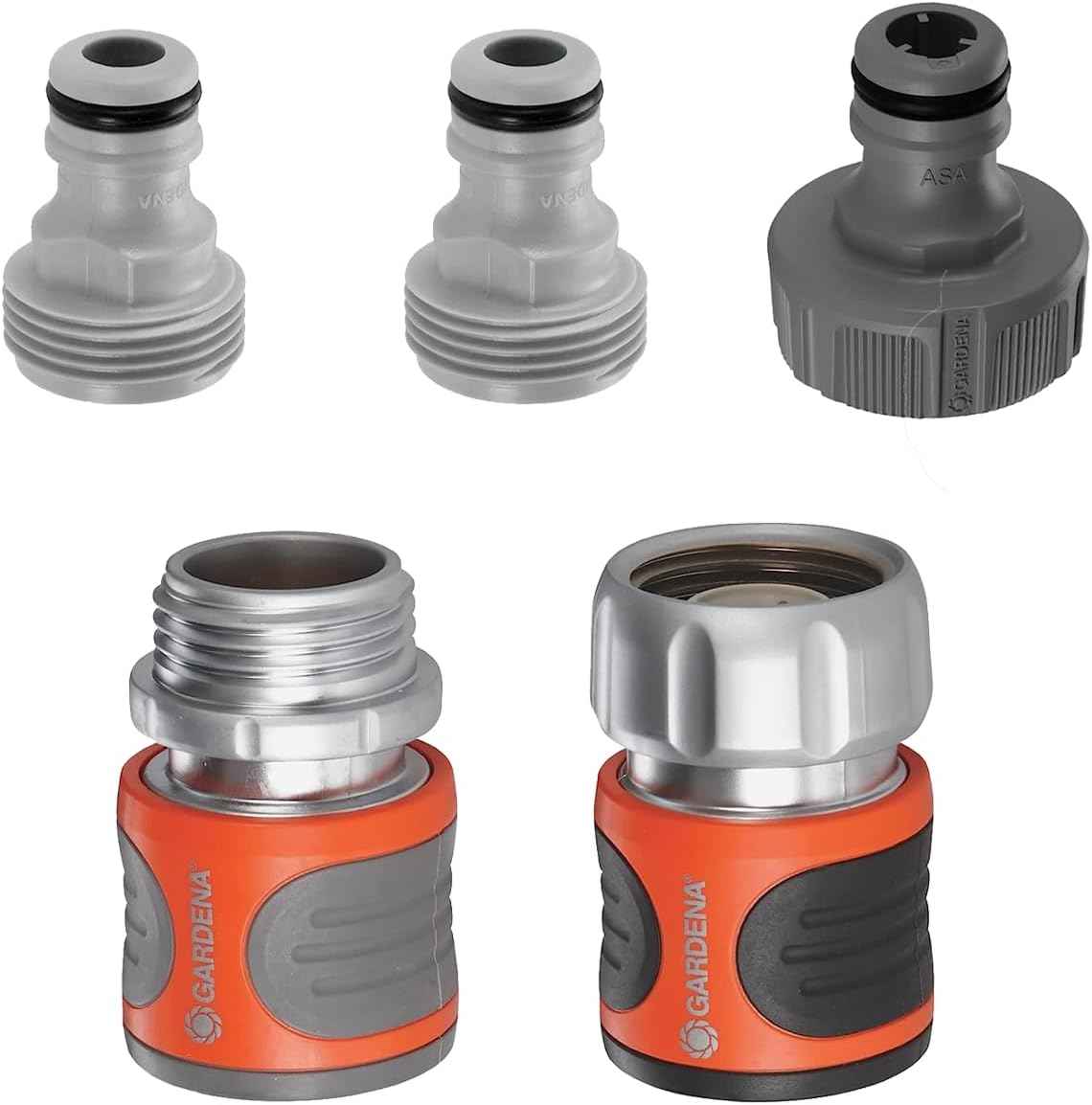 GARDENA (18271) 5-Piece Premium Metal Quick Connect Hose Fittings: Hose Quick Connect Kit for 5/8 Inch or 1/2 Inch Hose - Quickly Connect Garden Hoses, Sprinklers, Spray Nozzles, and Accessories.