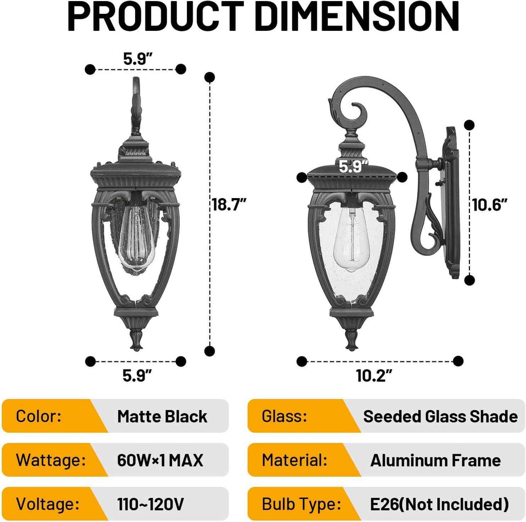 Porch Lights Outdoor Wall Lights Exterior Sconce Light Fixtures | 18.7" Aluminum Outdoor Wall Lantern with Seeded Glass, Waterproof Black Exterior Light Fixtures for Porch House Outside Patio