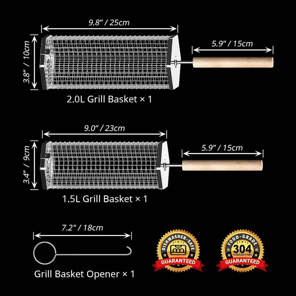 ivtivfu Rolling Grill Baskets, Removable Wooden Handle, Nesting BBQ Tools | 304 Stainless Steel, Grilling Smoker Accessories for Vegetable, Outdoor Camping Cooking, Birthday Gifts for Husband Men Dad