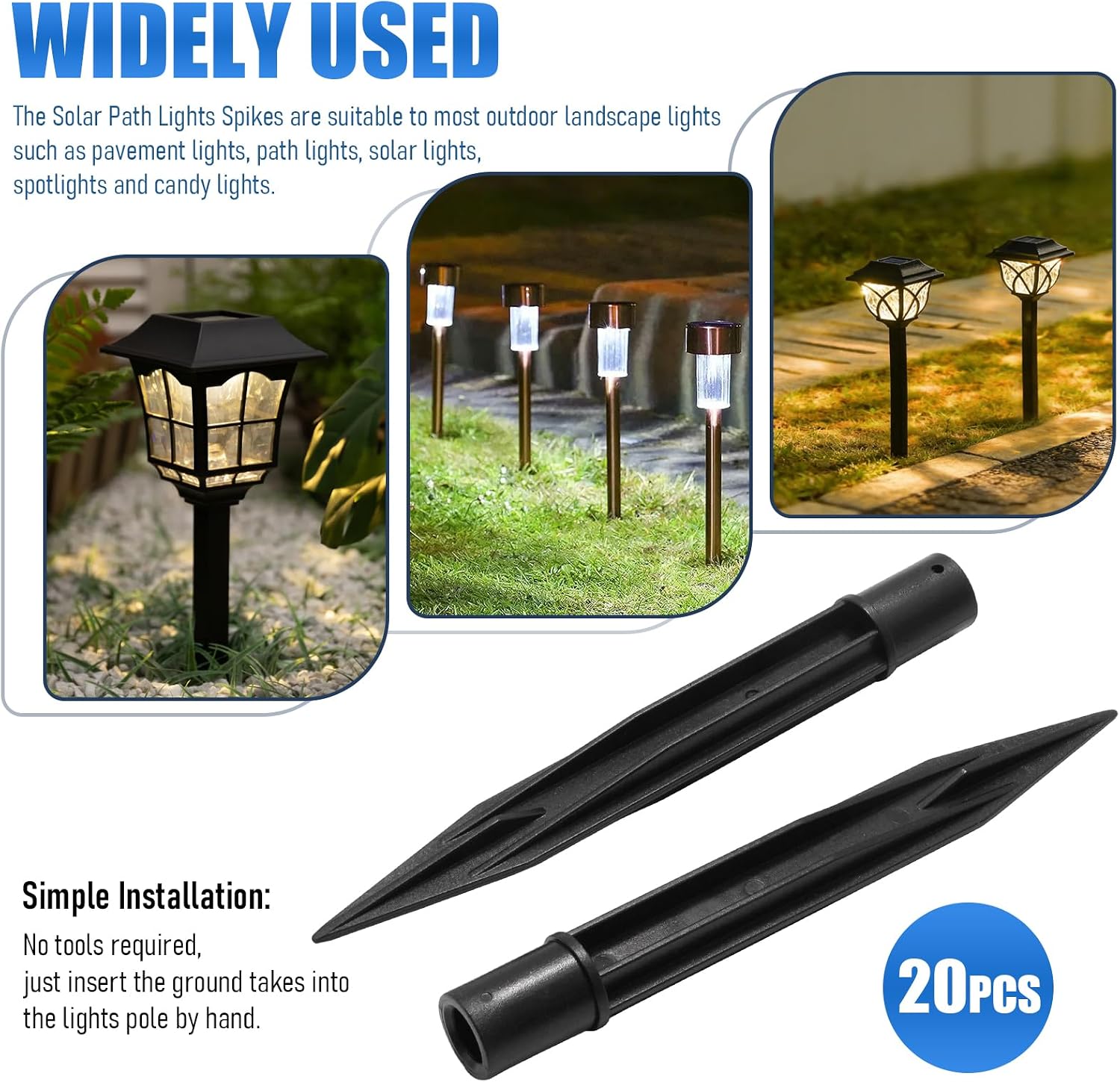 20PCS Solar Light Spikes Christmas Plastic Torch Lights Spikes for Outdoor Yard Garden, I.D.0.37 Inch/9.5MM, O.D 0.62 inch/15.75 MM, 5.71inch/14.5cm Long Replacement Stake for Solar Lights Pegs