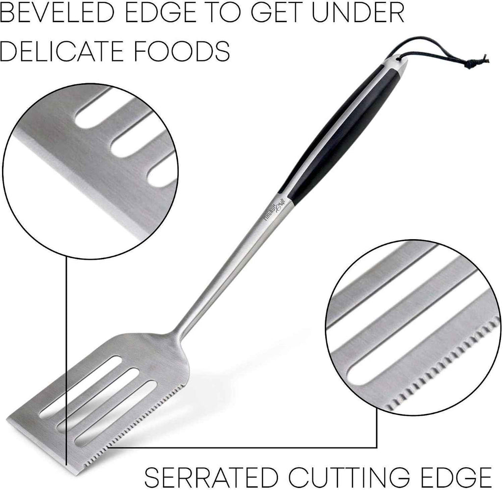 BBQ Tools | 18" Tongs & Spatula | Grill Mat | 2 Magnetic Hooks | Heavy-Duty Metal Tongs and Spatula, 2 Strong Magnetic Hooks for Grill-Side Hanging, Reusable BBQ Grill Mat