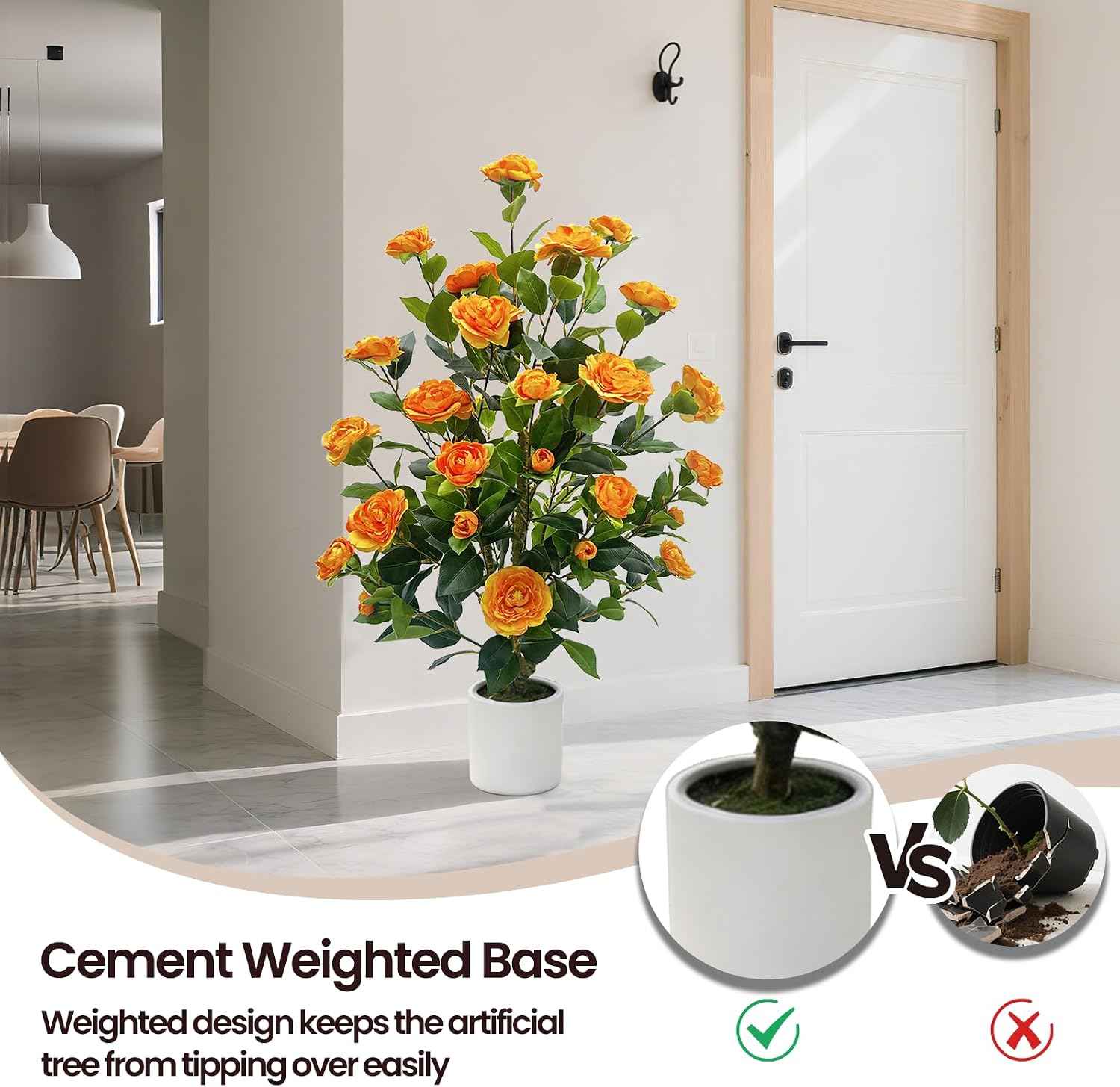 2 Pack Artificial Camellia Tree, 3FT Faux Flowering Camellia Plant Indoor Outdoor, Realistic Silk Artificial Flower in Planter, Greenery Faux Fake Tree Plant for Home Office Porch Patio Decor, Orange