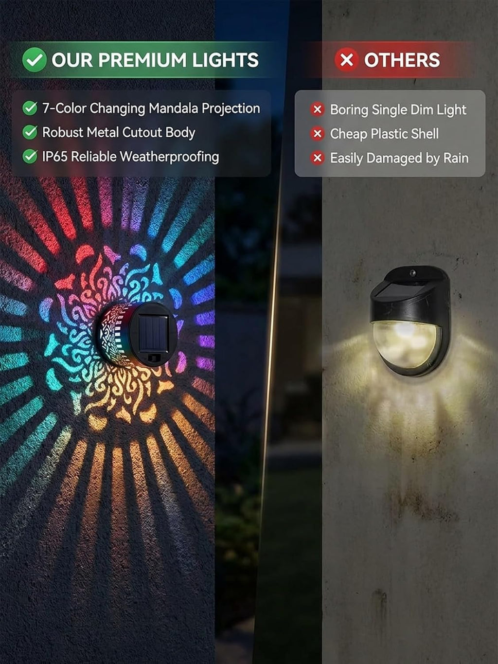 Solar Mandala Lights Outdoor Wall Projector Metal 7 Color Changing IP65 Waterproof Decorative Mounted Wireless Night Lighting for Yard Patio Fence Deck Pathway Garden Decor and Holiday Gifts