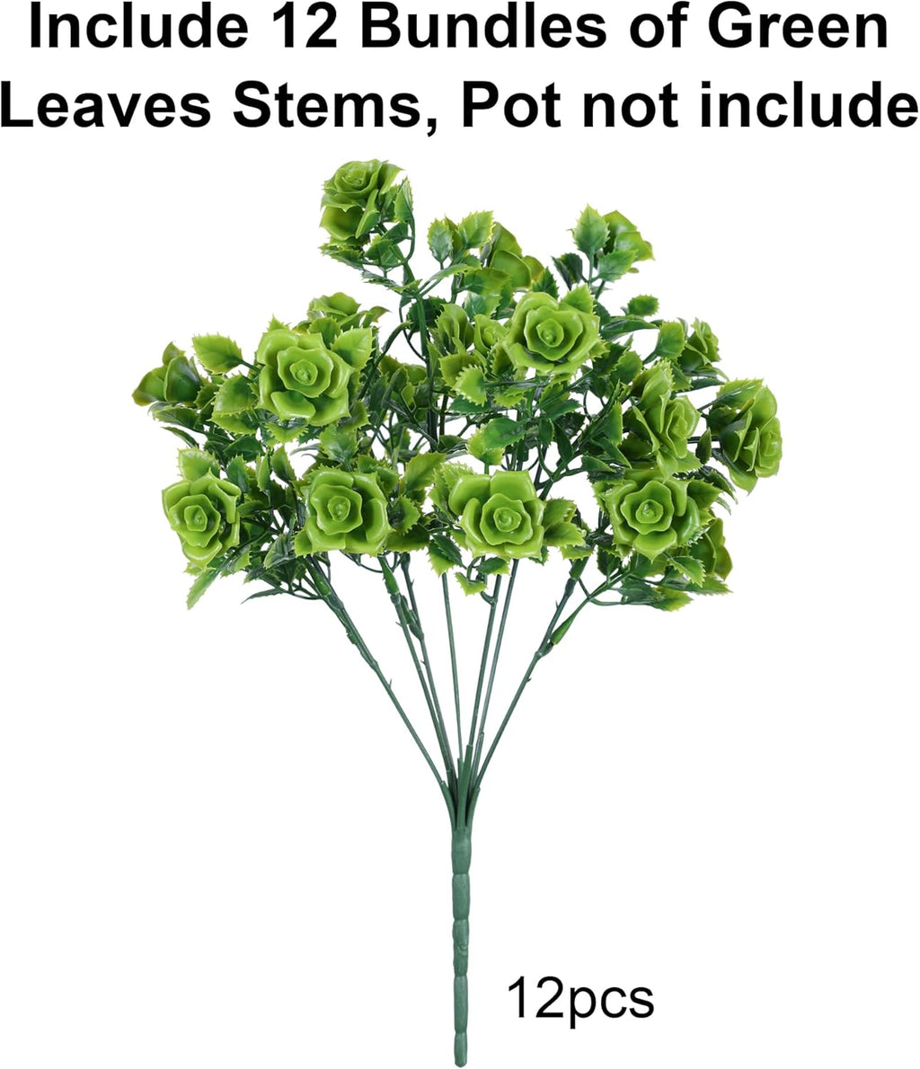 HyeFlora Artificial Plants for Outdoors Outside Spring Summer Decoration, 12 Bundles Faux Green Plastic Leaves Stems Bulk Fake Greenery Look Real UV Resistant for Home Porch Patio Planter Yard Wedding
