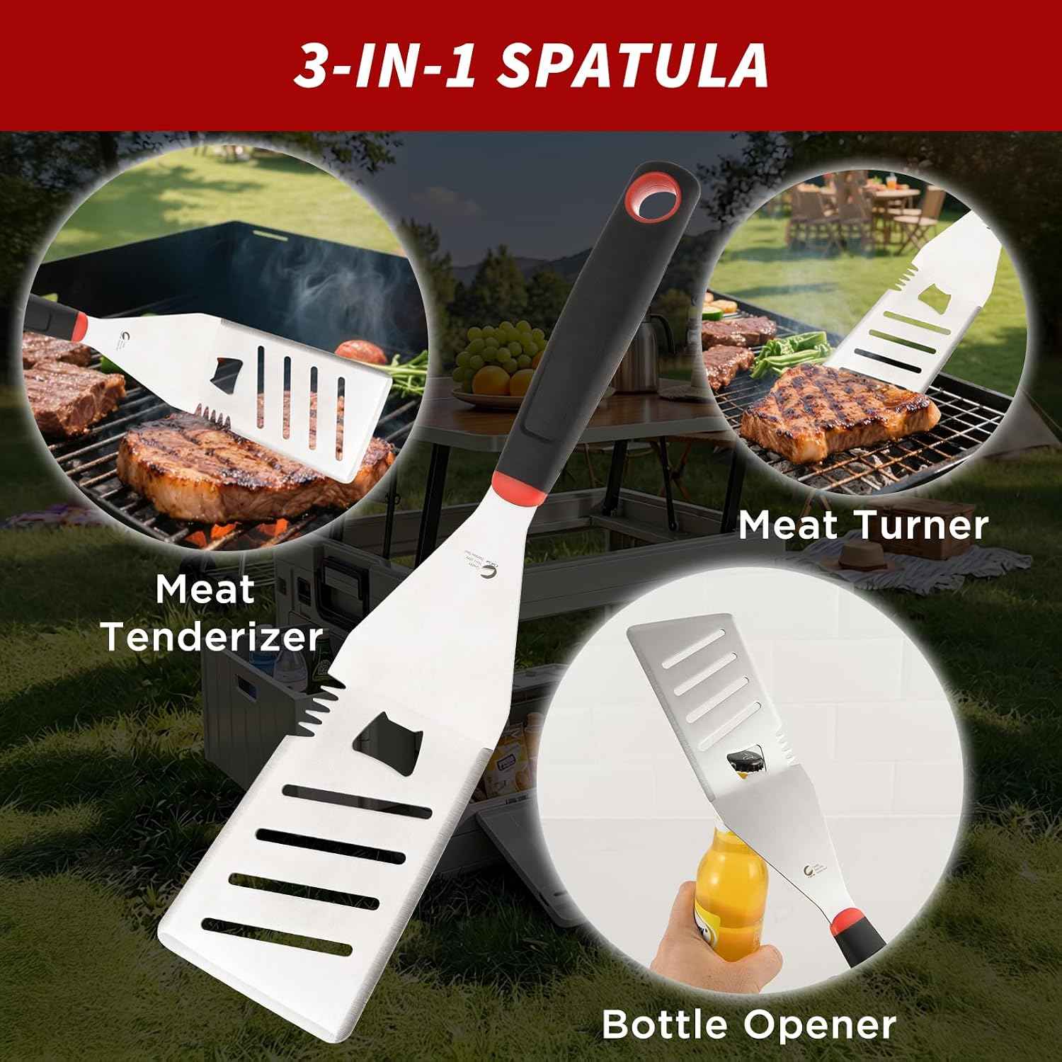 BBQ Tools Set, 4 PCS Heavy Duty Stainless Steel Spatula, Fork, Tongs with Portable Bag, Essential Accessories for Barbecue Outdoor Grill, Grilling Gifts for Men Dad Camp Chef