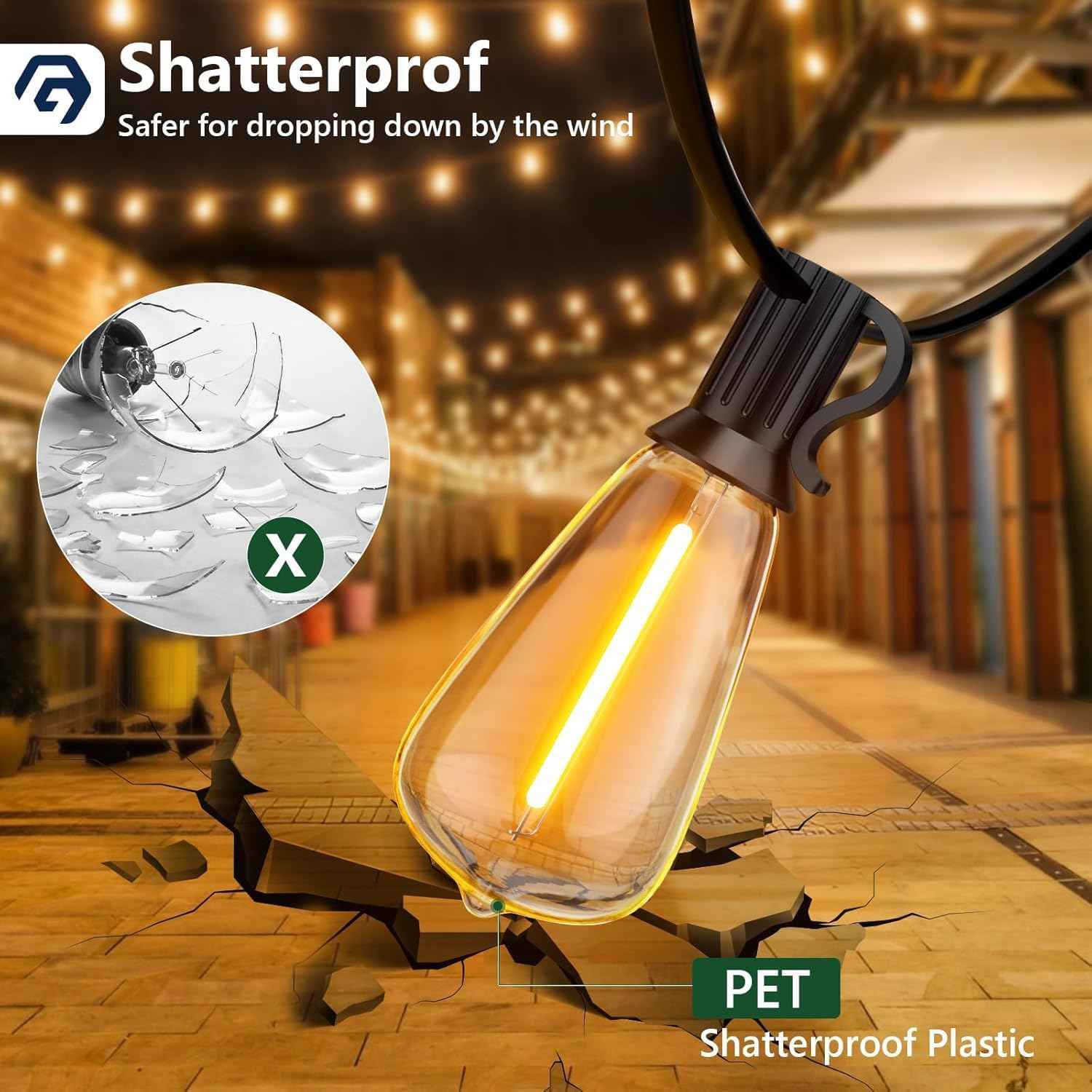 GPATIO Outdoor String Lights, 100FT ST38 Bulbs Shatterproof Patio Lights, Waterproof Dimmable Outside Hanging Light, Connectable LED Outdoor Lights for Backyard, Porch, Party, Garden, Home Decor