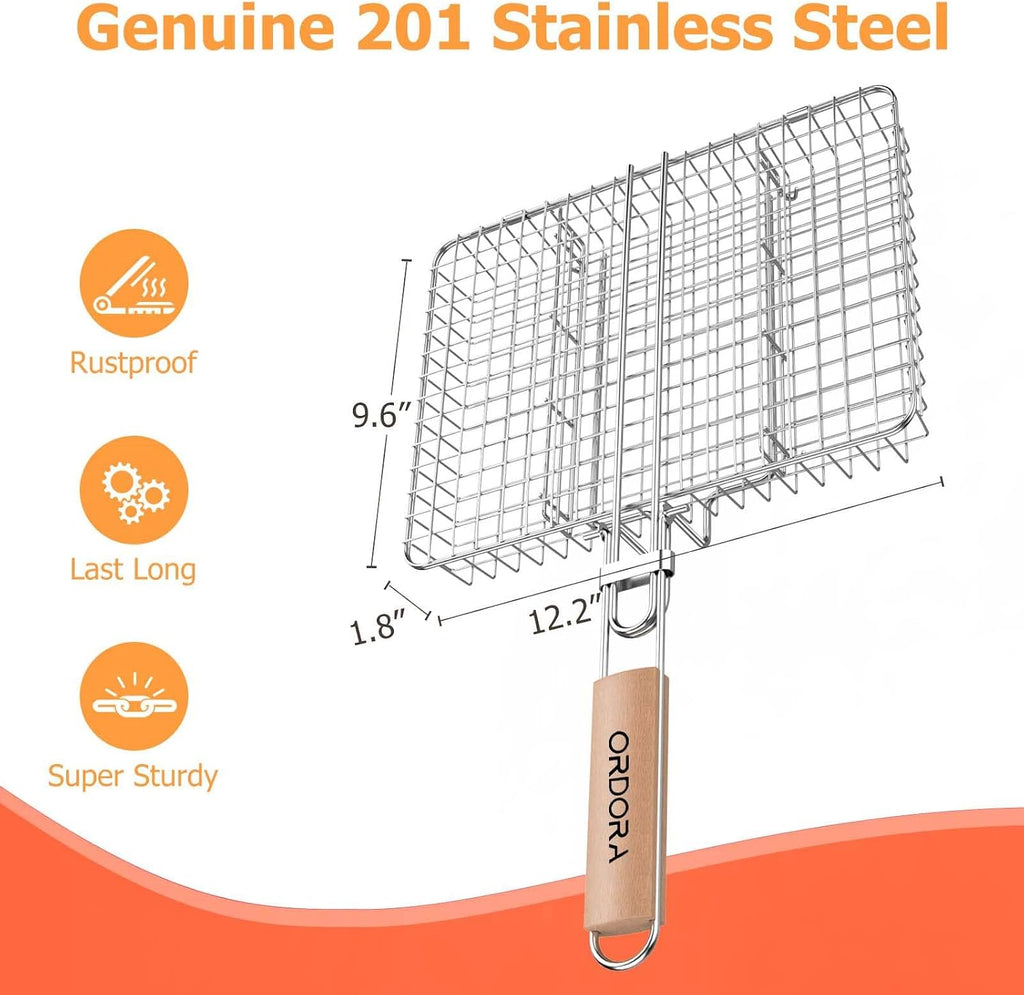 ORDORA Grill Basket Deep, Stainless Steel BBQ Grilling Baskets for Outdoor Grill, Fish Grilling Rack for Veggies, Meat, Shrimps, Grill Accessories with Detachable Handle, Gifts for Dad