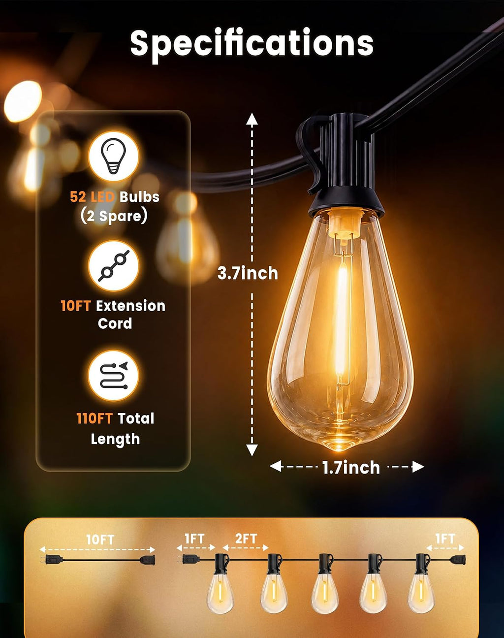 Outdoor String Lights 110FT(100+10) Waterproof, 50 LED S14 Shatterproof Edison Bulbs, 2FT Spacing, Extension Cord, Connectable Plug in Hanging Patio Lights for Outside, Backyard, Warm White