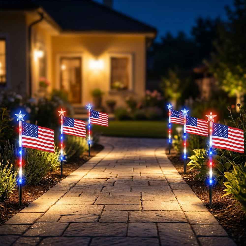 8 Pack Solar American Flag Pathway Lights-4th of July Outdoor Decor American Flag Lights, Patriotic Pathway Lights for 250th Anniversary Celebration Independence Yard Garden Day Decor (8 PCS)