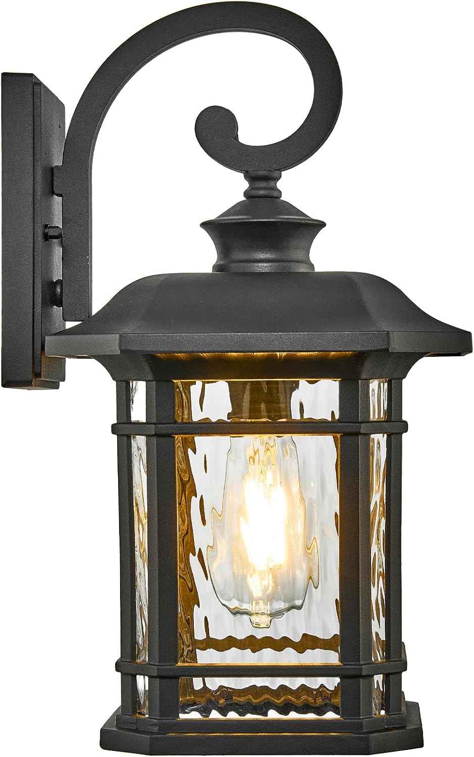 Outdoor Wall Lights Garage Outdoor Light Fixtures Waterproof Porch Light with Water Ripple Glass Black Finish E26 Socket Max 60W
