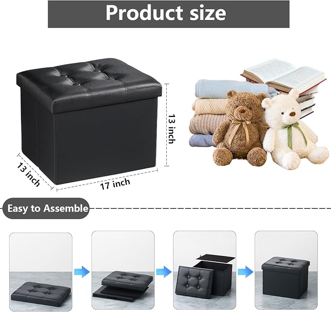 AmasSmile Storage Ottoman Folding Foot Rest Stool, Leather Footstool Bench - Image 3