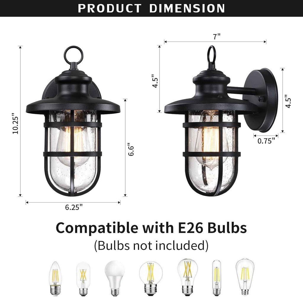 Outdoor Wall Lights Set of 2, Porch Light Fixtures with Seeded Glass | Rustic Coastal style, Industrial Nautical Metal Cage, E26 Base, Waterproof, Anti-Rust, Weather-Resistant, for Patio Garage