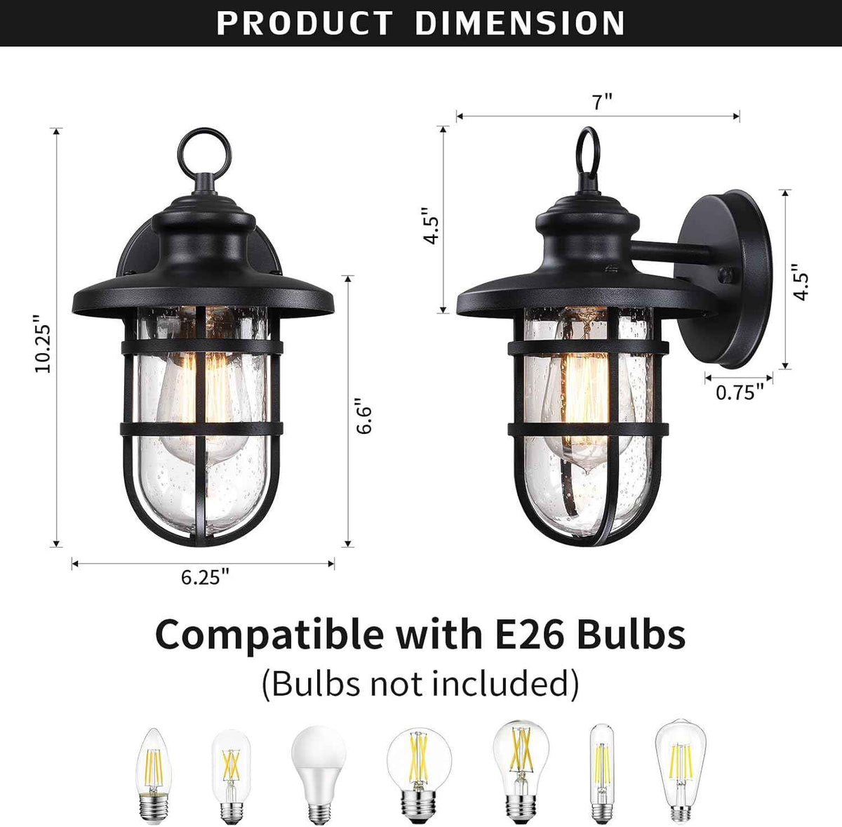 Outdoor Wall Lights Set of 2, Porch Light Fixtures with Seeded Glass | Rustic Coastal style, Industrial Nautical Metal Cage, E26 Base, Waterproof, Anti-Rust, Weather-Resistant, for Patio Garage