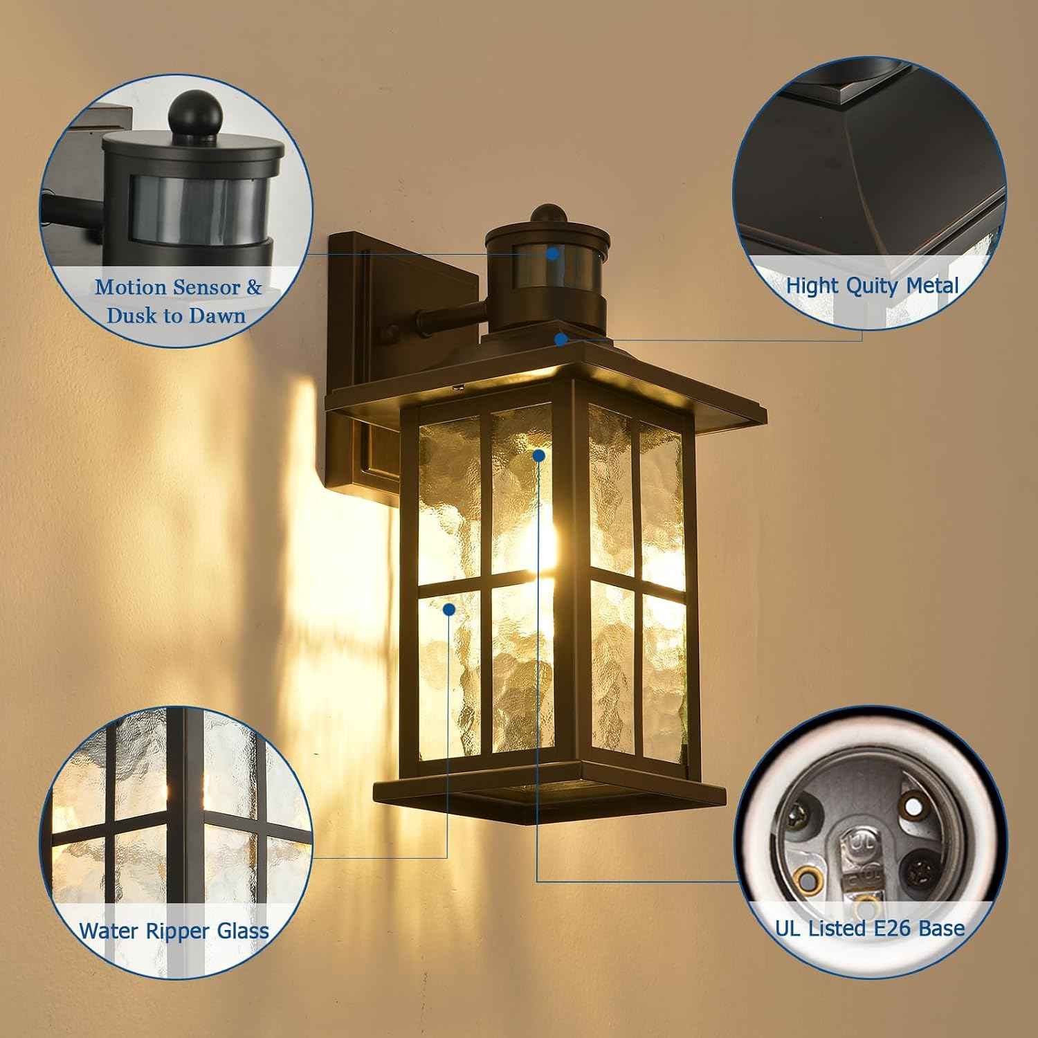FLEDAVID Motion Sensor Porch Light Black Dusk to Dawn Outdoor Wall Lantern | Exterior Sconce Lighting Fixtures Modern Outside Wall Mount Coach Lamp for House Garage Patio Front Door