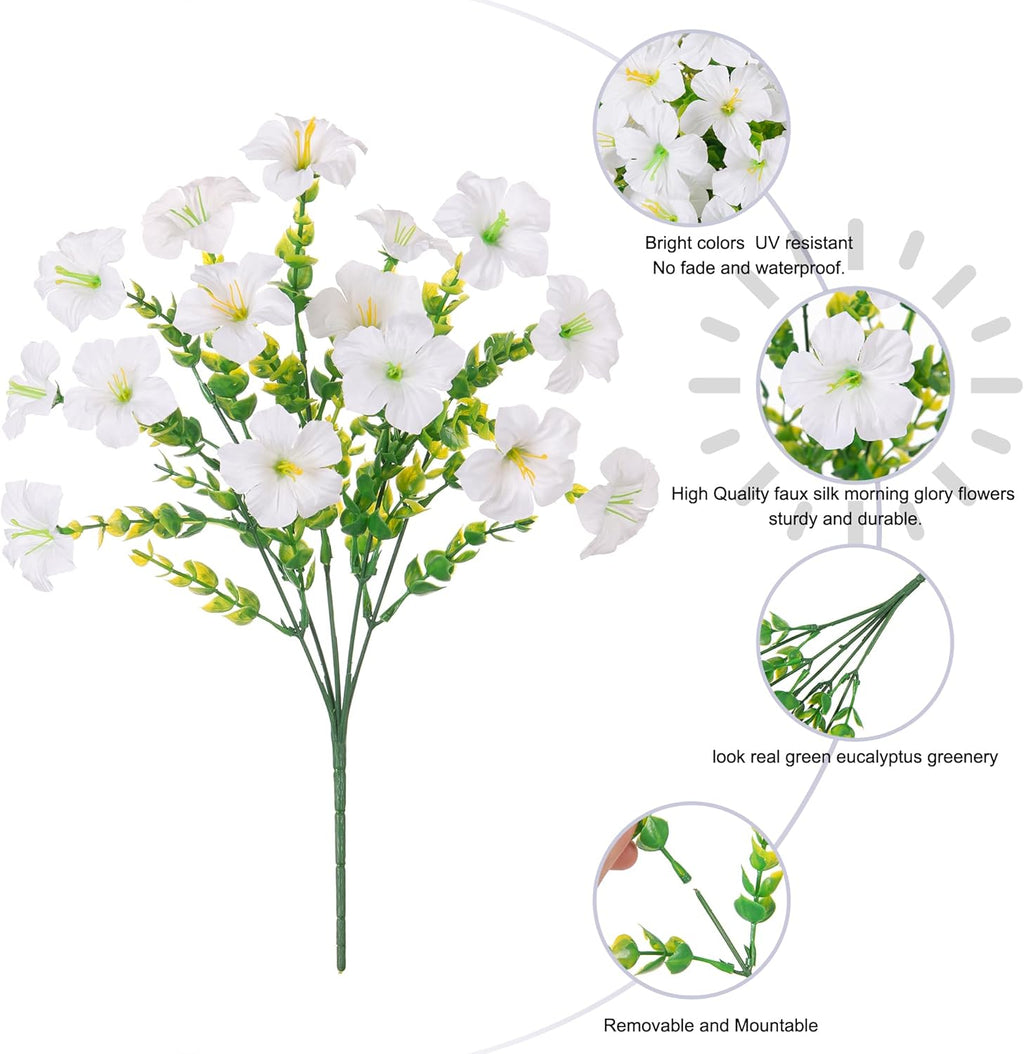 20 Bundles Faux Morning Glory Artificial Flowers for Outdoors, White | Fake Plants Silk Flowers, Eucalyptus, Look Real, UV Resistant, Outside Yard Gardens Porch Patio Planter Home Urn