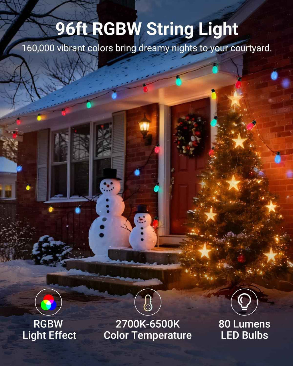 NEEWER 96ft Outdoor String Lights, App Control Smart AI RGB IC W Hanging Outside Warm White Patio Balcony Backyard Lighting, IP65 Waterproof, 30 LED Bulbs,50+ Scenes, Compatible with Alexa Google,NR01