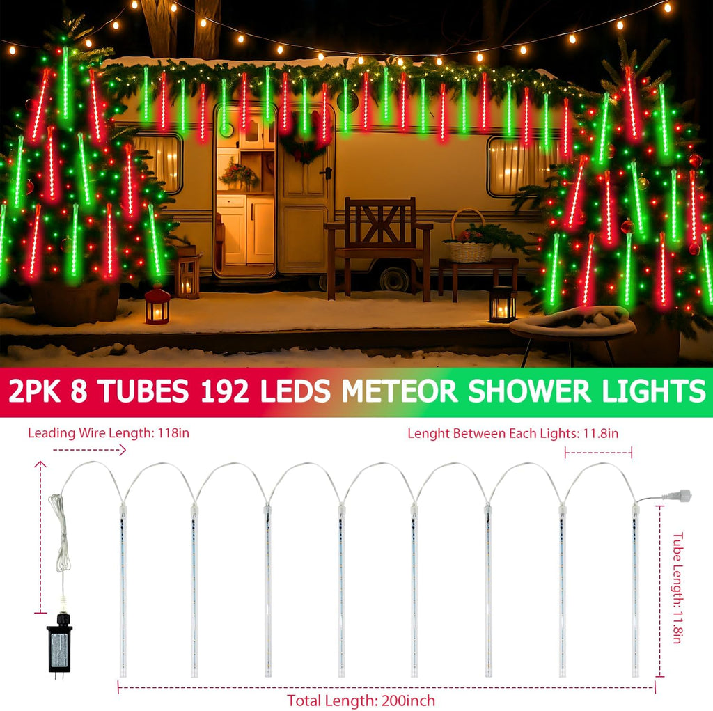 2 Pack Christmas Lights Outdoor 16 Tubes 384 LEDs Meteor Shower Rain Lights | Extendable, Timer, Waterproof Christmas String Lights, Icicle lights Outdoor for Xmas Tree Garden Yard Decor, Red and Green