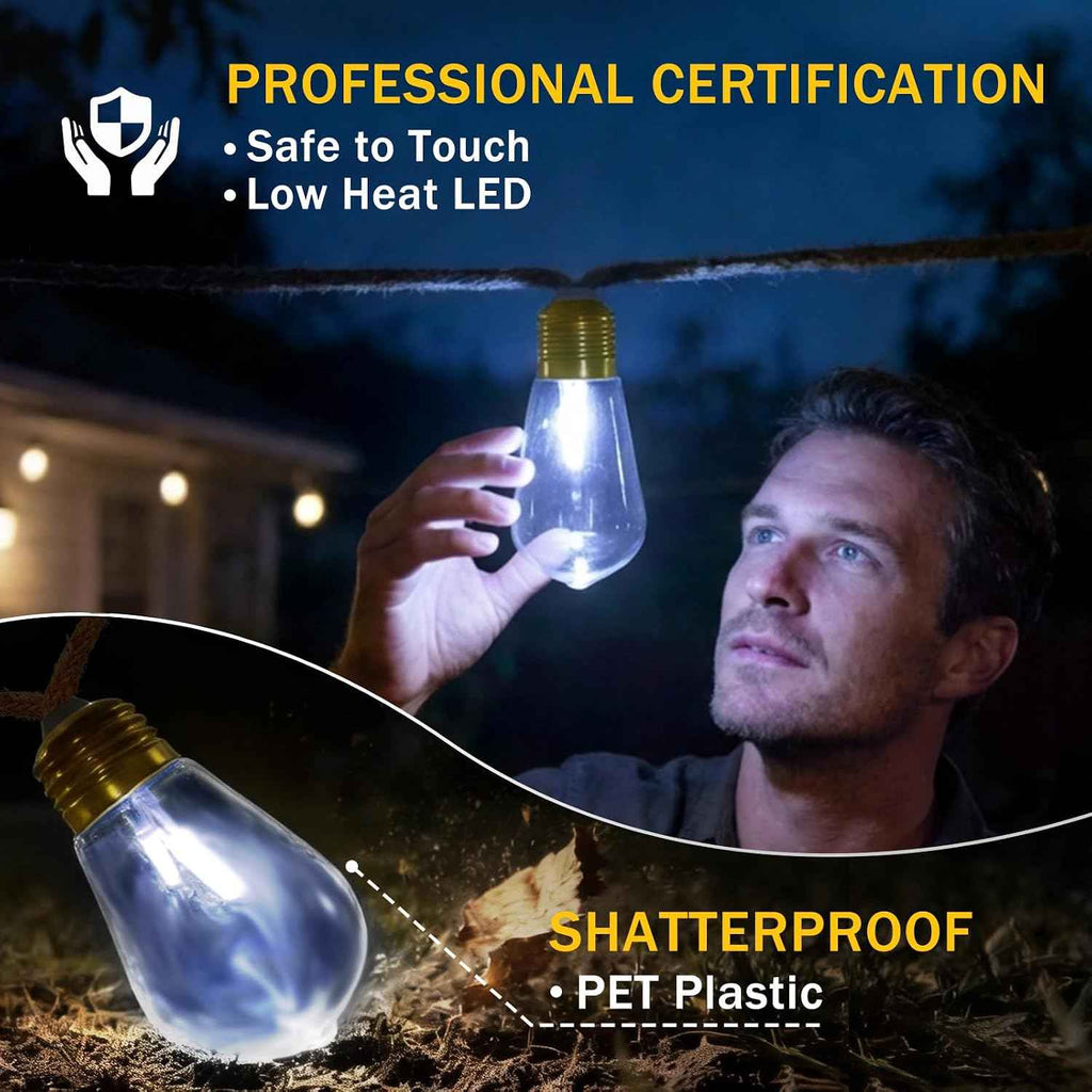 (New) Outdoor String Lights, 24FT LED Patio String Lights, UL-Plug Waterproof 8 Modes Rustic Hemp Rope String Lights, Shatterproof Plastic Bulbs for Backyard, Garden, Porch, Wedding, Christmas Decor