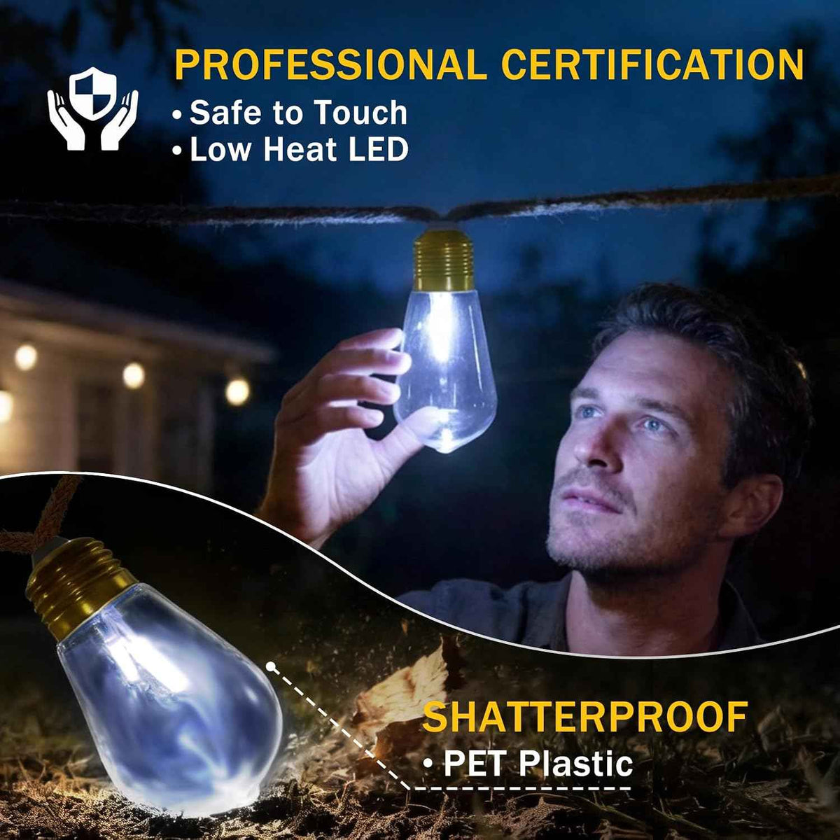 (New) Outdoor String Lights, 24FT LED Patio String Lights, UL-Plug Waterproof 8 Modes Rustic Hemp Rope String Lights, Shatterproof Plastic Bulbs for Backyard, Garden, Porch, Wedding, Christmas Decor