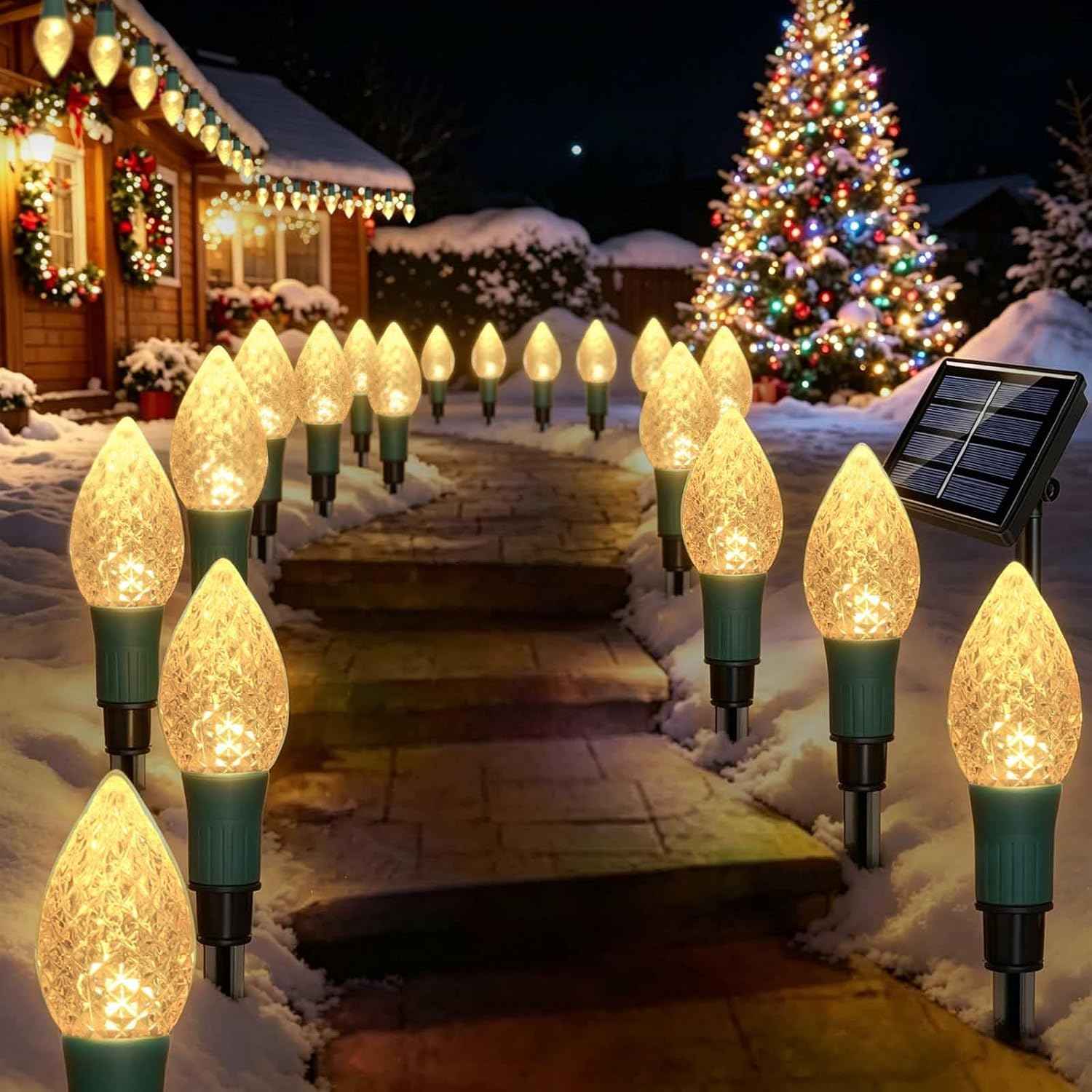 Upgraded 2 in 1 20-Pack Solar Christmas C9 Strawberry Lights Outdoor Christmas Decorations, 8 Modes Waterproof Solar Xmas Lights for Outsdie Garden Yard Front Porch Pathway Cemetery Decor