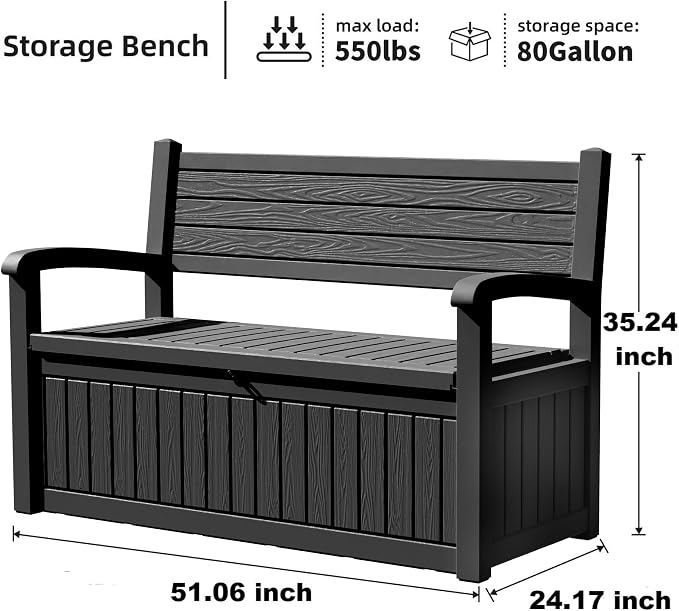 80 Gallon Outdoor Storage Bench Deck Box Waterproof Lockable, Outdoor Storage - Image 2