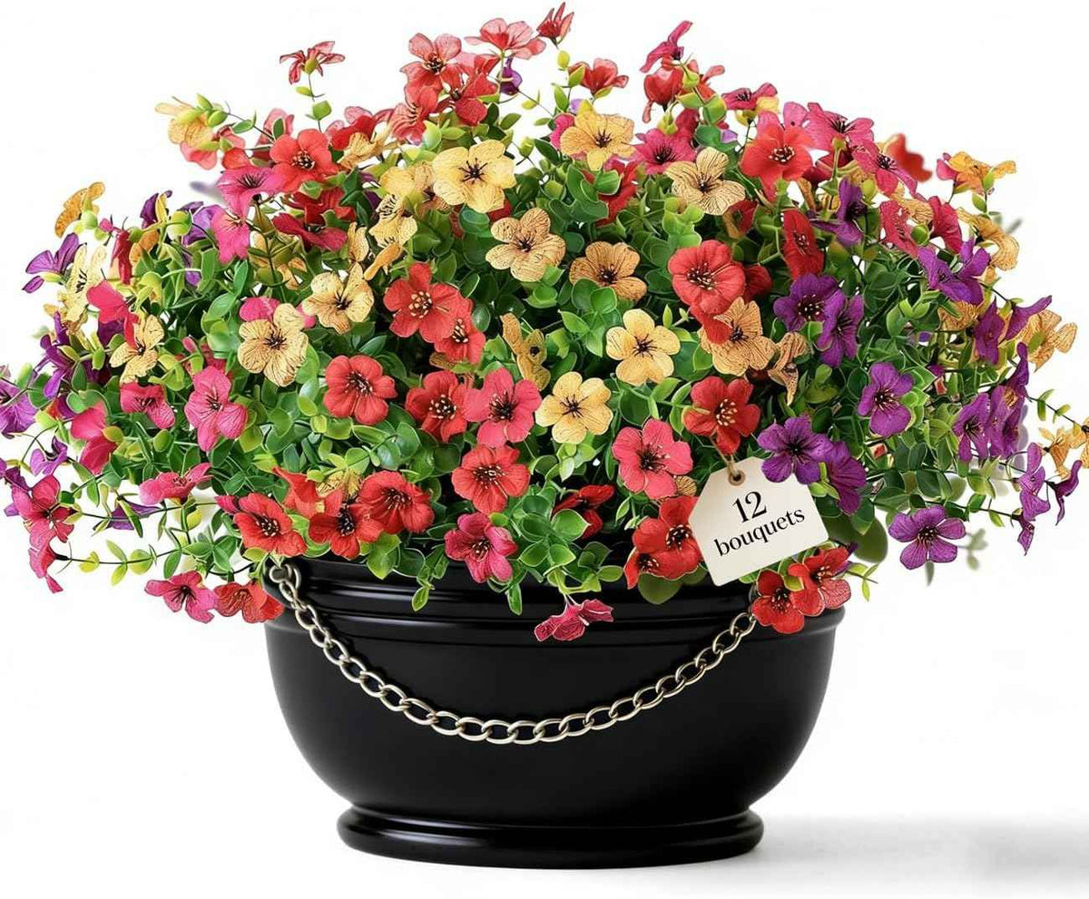 Artificial Flowers for Indoor & Outdoor Decoration - 12 Bundles Faux Daisies with Eucalyptus Leaves Fake Greenery for Garden, Home, Porch, Patio, Boxwood (12 Pcs Mix Pink Red Purple Yellow)