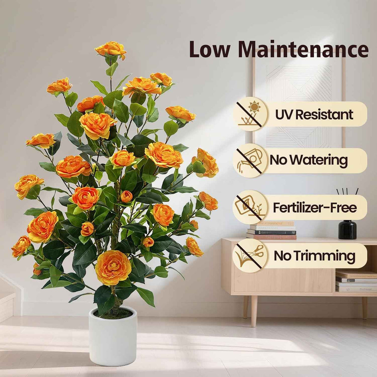 2 Pack Artificial Camellia Tree, 3FT Faux Flowering Camellia Plant Indoor Outdoor, Realistic Silk Artificial Flower in Planter, Greenery Faux Fake Tree Plant for Home Office Porch Patio Decor, Orange