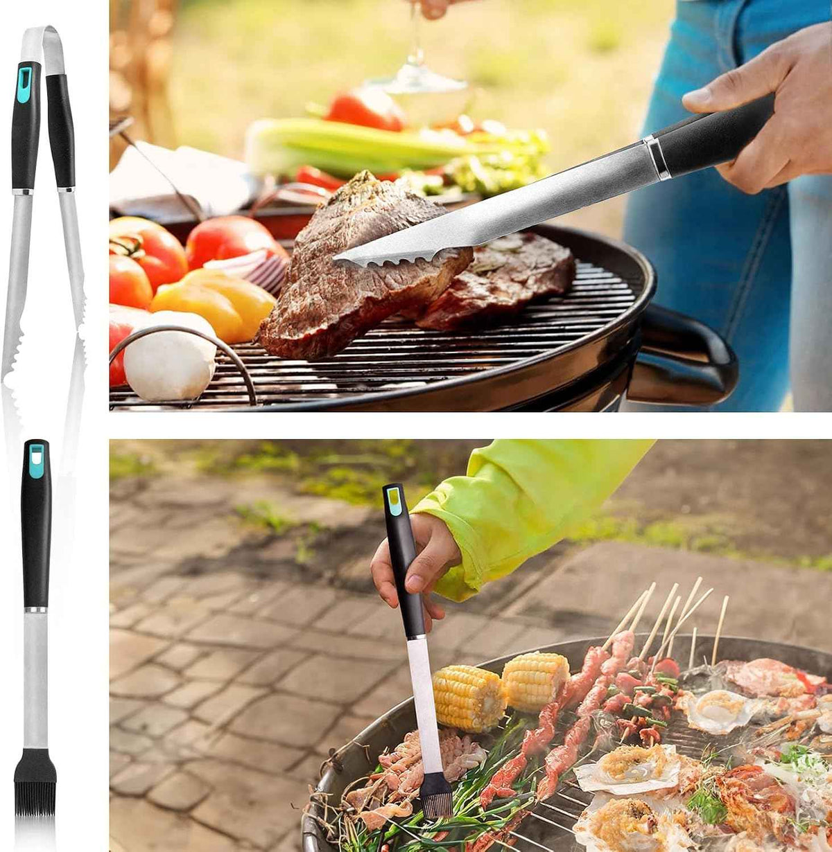 5-Piece Grill Tools Set, Heavy Duty BBQ Utensils with Extra Tough Wire Brush, Spatula, Tongs, Fork & Basting Brush – Outdoor Grilling Accessories & Gifts for Men Dad (Camping, Backyard)