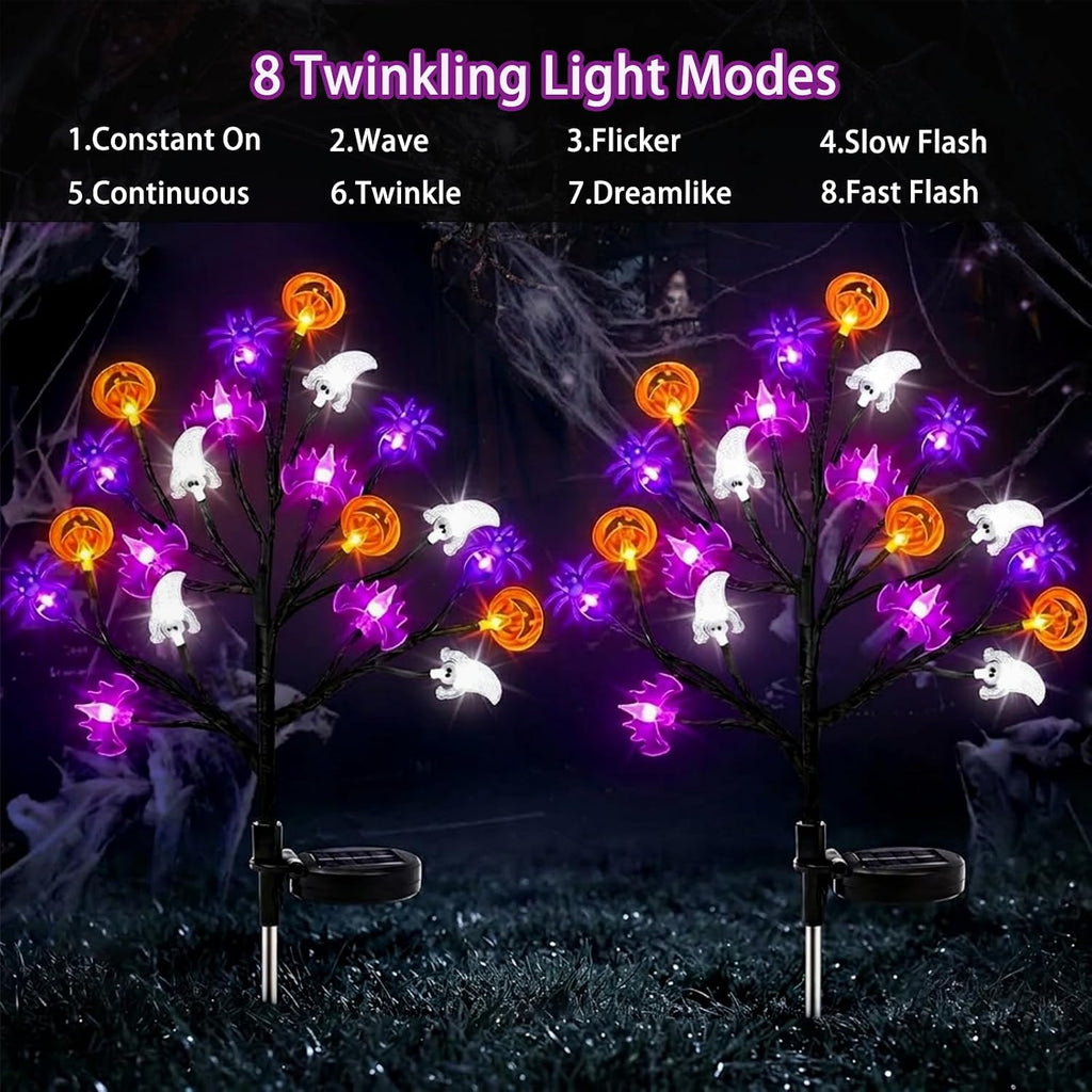 2-Pack Halloween Decorative Outdoor Solar Lights, 20 LED Bulbs Waterproof Garden Lights, 3D Pumpkin Bat Spider Maple Lights with 8 Lighting Modes, Solar Stake Lights for Halloween's Decor (Purple)