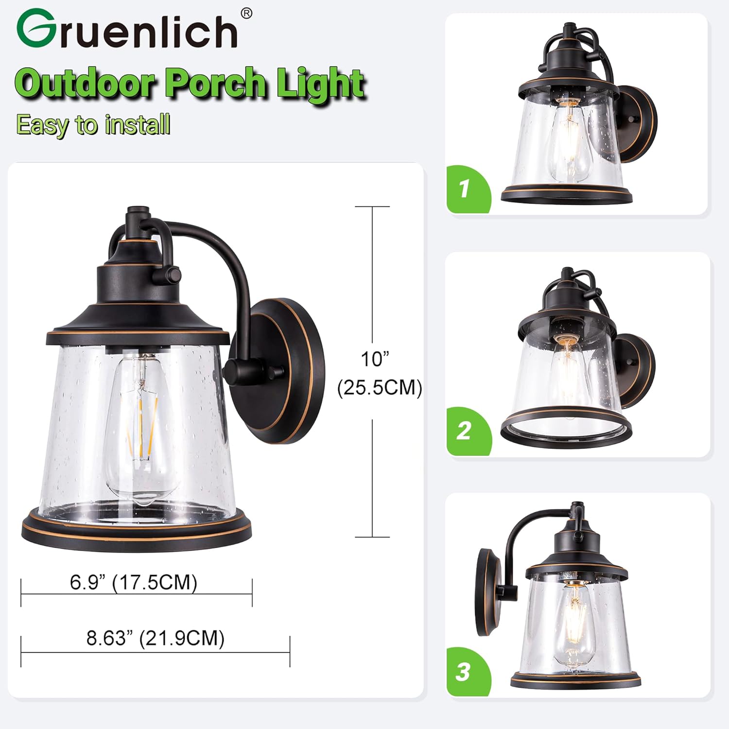 GRUENLICH Outdoor Wall Light Fixture, Seeded Glass, Oil Rubbed Bronze | Large Exterior Porch Light Wall Sconce Lantern for House, Patio, Garage, Anti-rust Metal, Waterproof, E26 Socket
