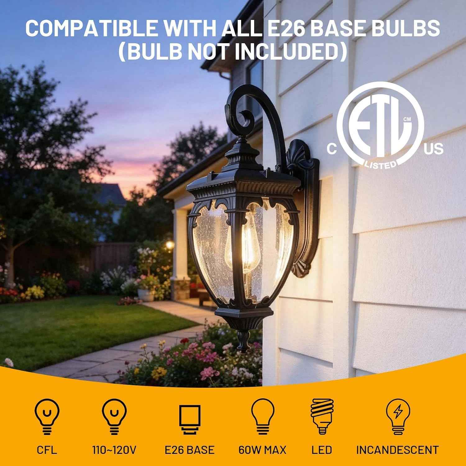 Porch Lights Outdoor Wall Lights Exterior Sconce Light Fixtures | 18.7" Aluminum Outdoor Wall Lantern with Seeded Glass, Waterproof Black Exterior Light Fixtures for Porch House Outside Patio