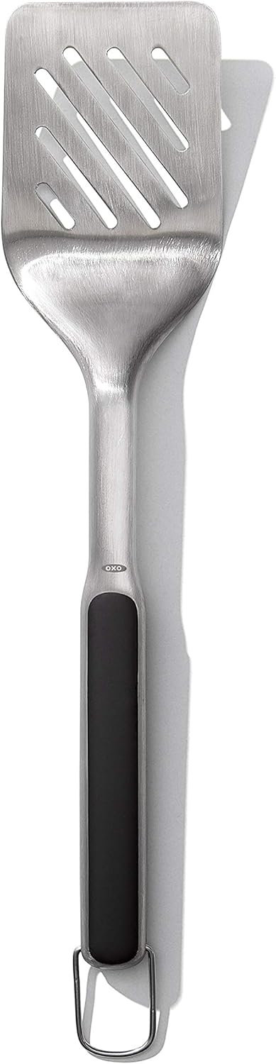 OXO Outdoor Grilling Turner and Tongs Set | Grilling Spatula and Tongs, Beveled Head Slides Under Food, Non-Slip Grip, Hanging Ring, Ideal for Grilling & BBQ