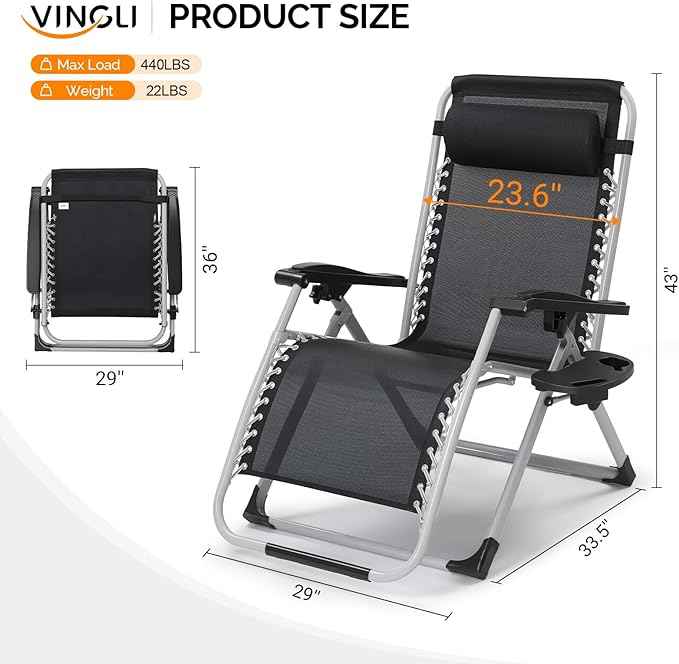VINGLI 29" Padded Zero Gravity Chair, Lounge Chair