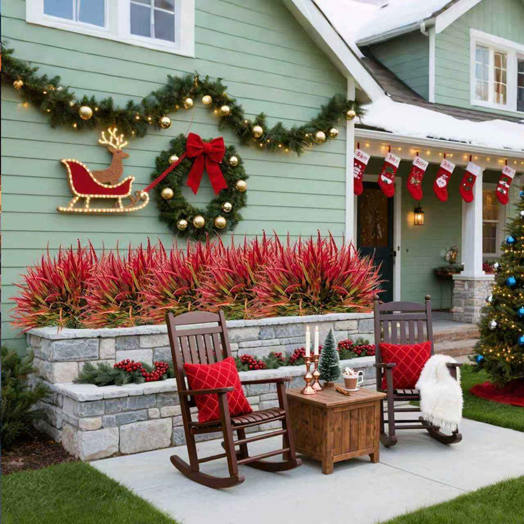 Artificial Outdoor Plants, 16 Bundles UV Resistant Fake Grass, Deep Red Faux Greenery Shrubs for Garden, Porch, Window Box
