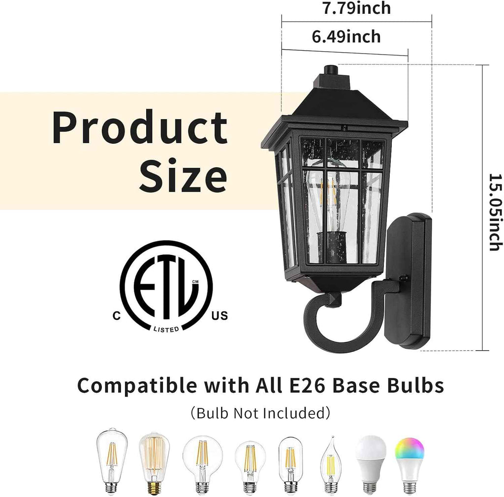 JYZ Outdoor Porch Light Wall Mount, 15" Exterior Wall Lighting Fixtures with Seeded Glass Shade, Anti-Rust Matte Black Outdoor Wall Sconce, E26 Base Outside Lantern for Front Door, Patio, Garage