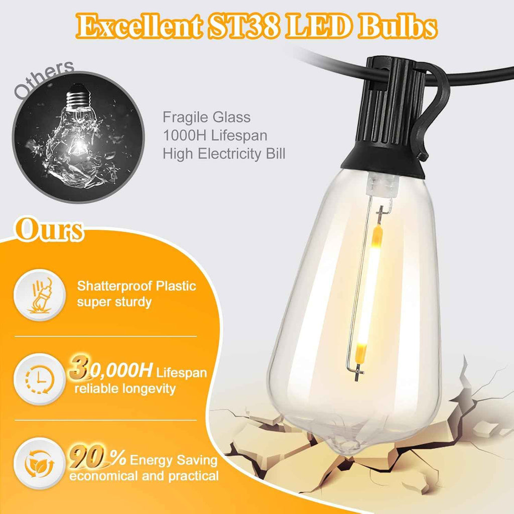 Brightever 180FT Outdoor String Lights 94 Bulbs, Waterproof Patio Lights | 4 Spare ST38 Edison Bulbs Dimmable, Connectable Plug-in LED Outdoor Lighting for Porch, Garden, Backyard, Balcony, 2700K