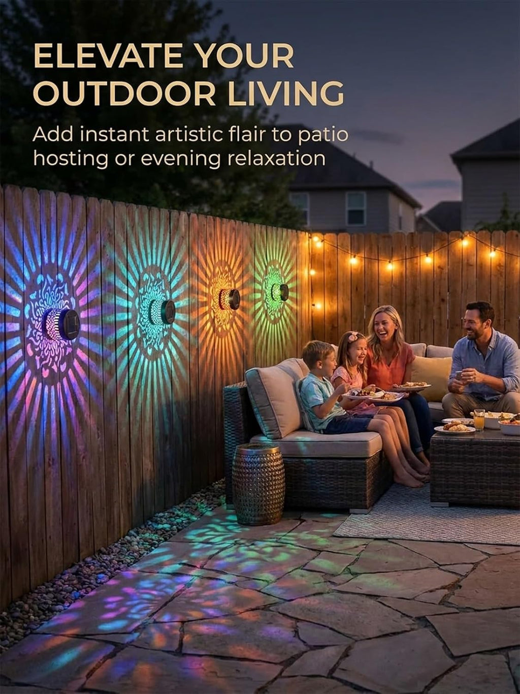 Solar Mandala Lights Outdoor Wall Projector Metal 7 Color Changing IP65 Waterproof Decorative Mounted Wireless Night Lighting for Yard Patio Fence Deck Pathway Garden Decor and Holiday Gifts