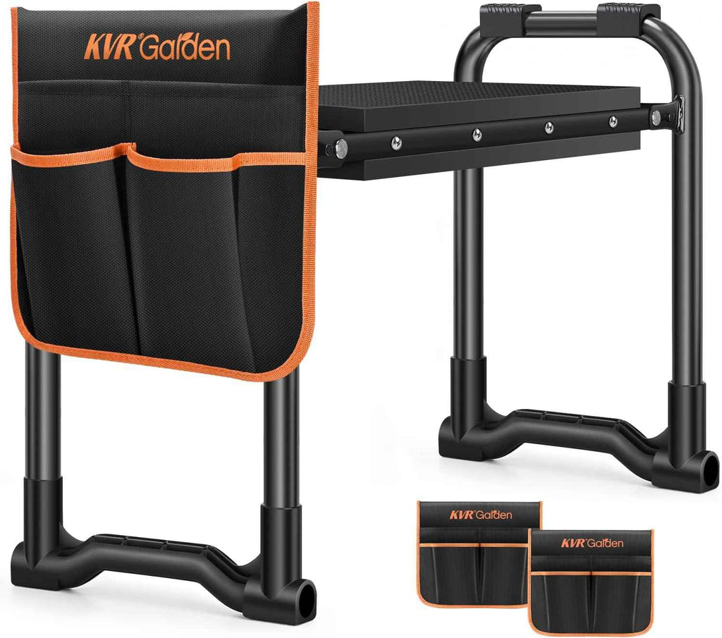 KVR Garden Kneeler and Seat with 2 Tool Pouches, Heavy Duty Foldable Gardening Stool, Portable Bench with Thick EVA Foam for Knee Support, Gifts for Seniors, Black/Orange
