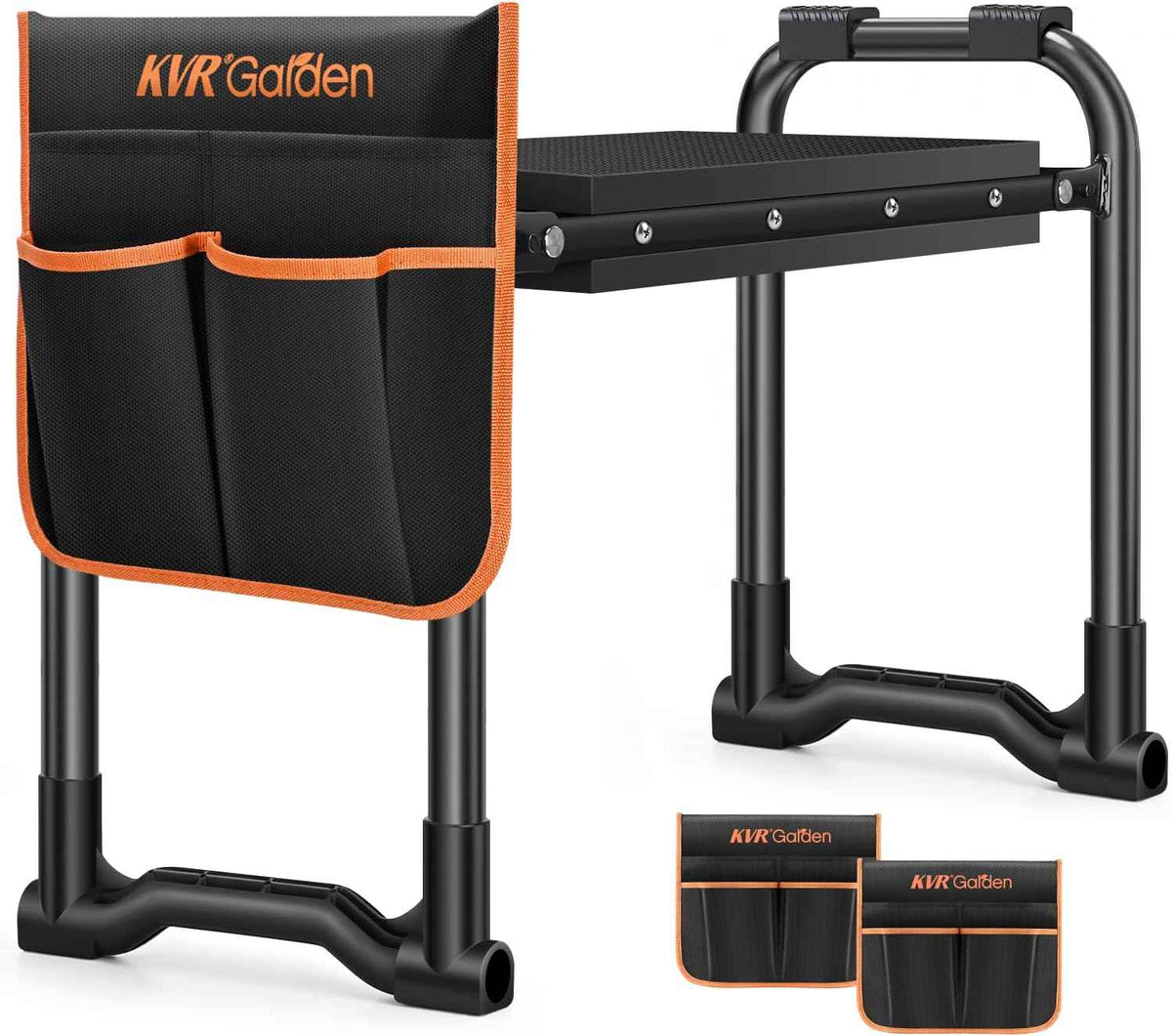 KVR Garden Kneeler and Seat with 2 Tool Pouches, Heavy Duty Foldable Gardening Stool, Portable Bench with Thick EVA Foam for Knee Support, Gifts for Seniors, Black/Orange
