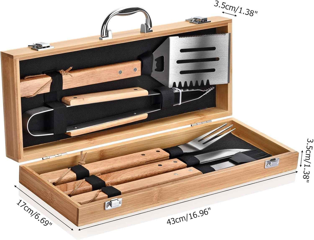 5-Piece BBQ Tools Set with Bamboo Case, Wooden Handle Stainless Steel Grill Accessories for Outdoor Cooking,Camping and Barbecue