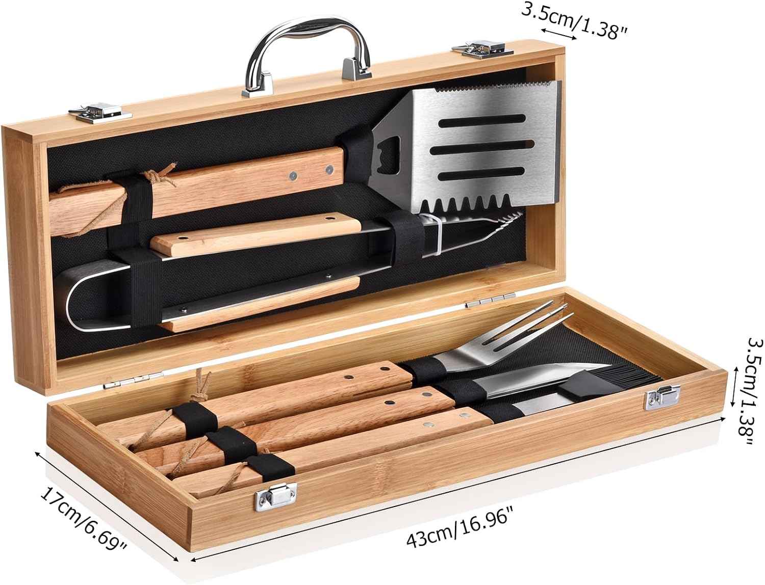 5-Piece BBQ Tools Set with Bamboo Case, Wooden Handle Stainless Steel Grill Accessories for Outdoor Cooking,Camping and Barbecue