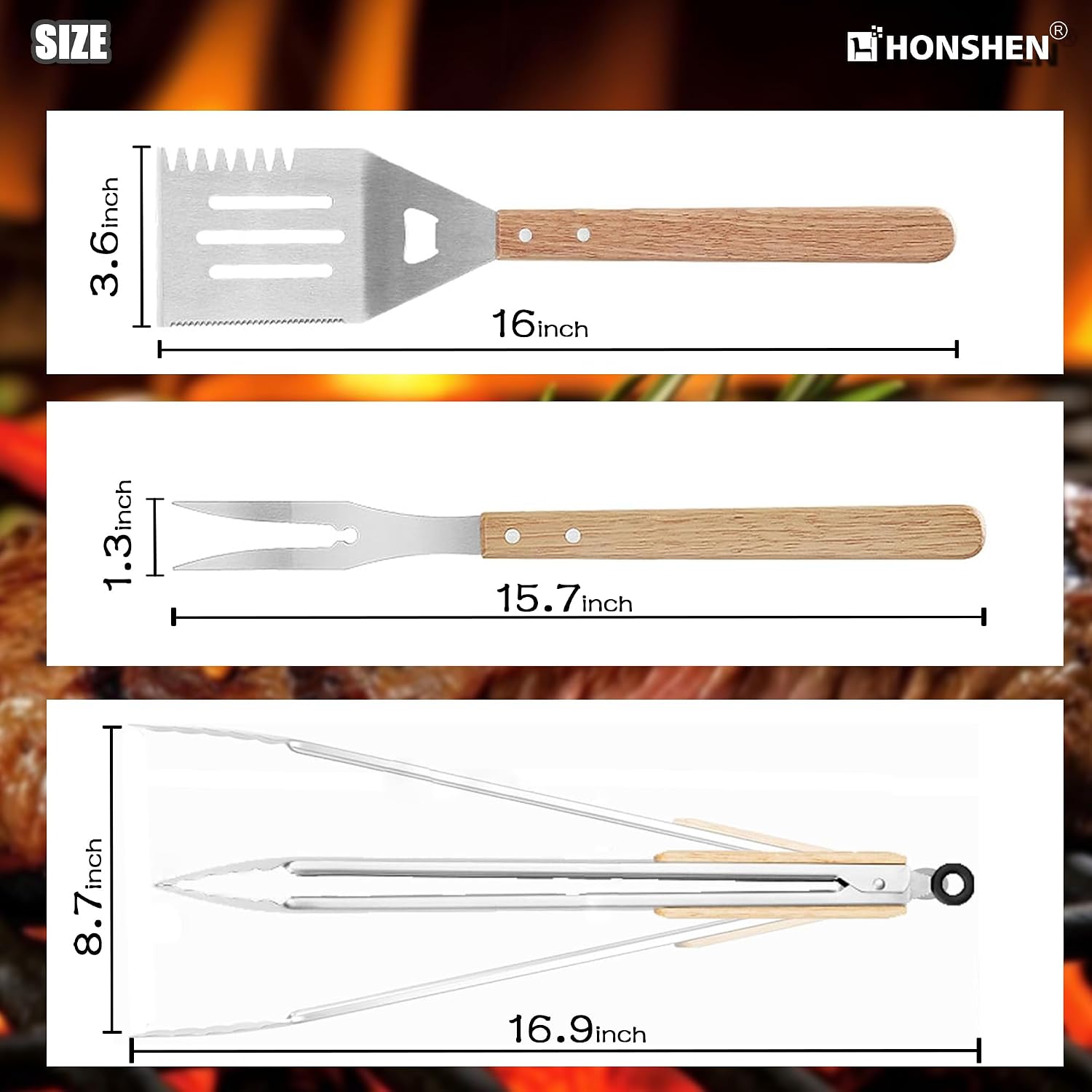 3 Piece Barbecue Tool Sets,Heavy Duty Stainless Steel and Wooden Handles BBQ Tool Sets,Grill Accessories,Grilling Spatula,Fork,Tongs for Outdoor Grill Cooking (Large BBQ Tools Set-3P)