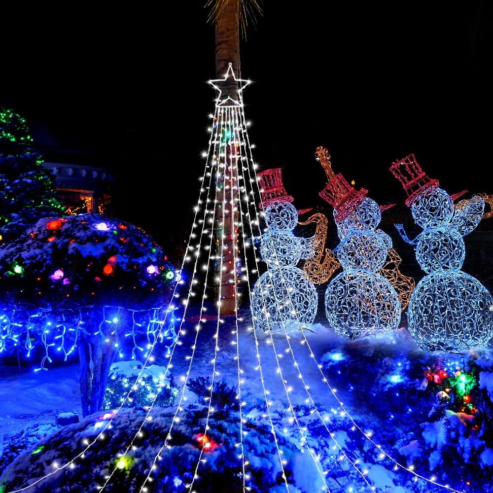 Christmas Decoration Lights, Outdoor Christmas String Lights 320 LED 11.5Ft Waterfall Tree Light with Big Star Topper Waterproof 8 Light Modes for Xmas New Year Holiday Yard Outdoor Indoor Decor