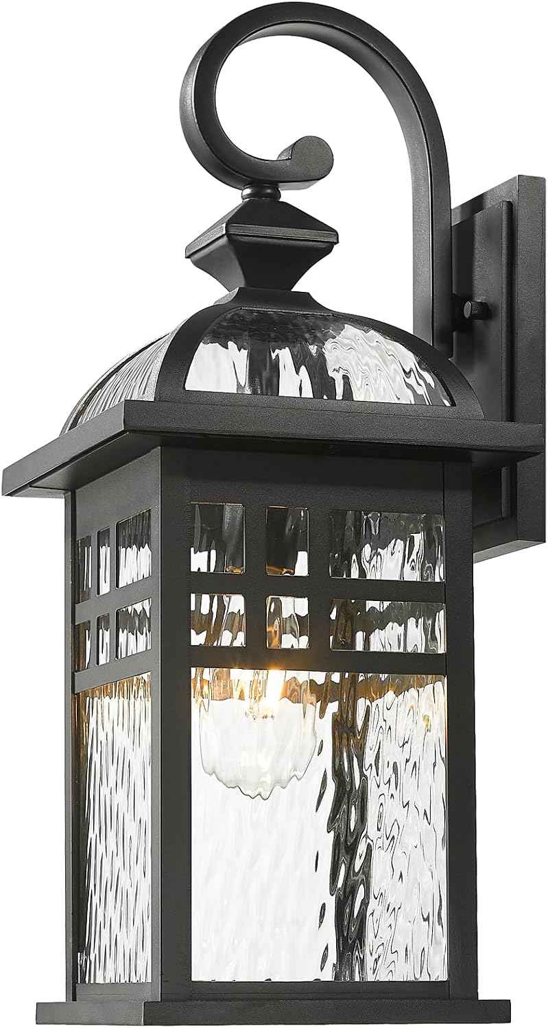 Porch Lights Outdoor Lighting Exterior Lighting Fixture | 15 Inch Height Black Outdoor Wall Lights Water Ripple Glass, E26 Socket