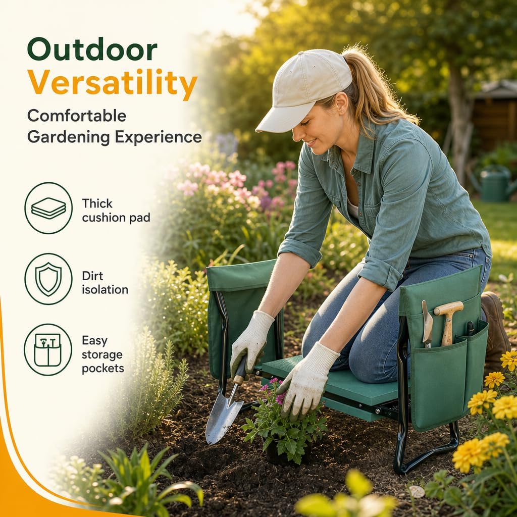 Garden Kneeler and Seat, Foldable Kneeling Stool with Thicker EVA Foam Pad, Heavy Duty Bench with Tool Pouch, Gifts for Outdoor Gardening, Fishing, Green, Arbor Day Gift