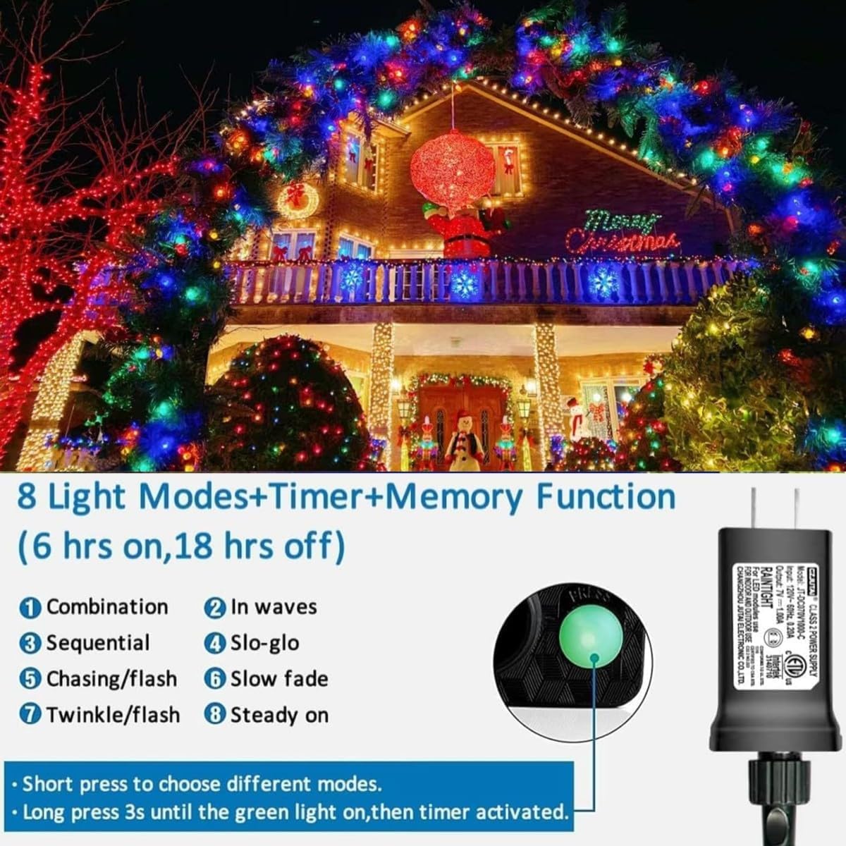 YEGUO 165ft 500 LED Multicolor String Lights Outdoor Waterproof, Green Wire Christmas Lights Indoor, 8 Modes Twinkle Tree Lights Plug in with Memory Timer for Holiday Festival Xmas