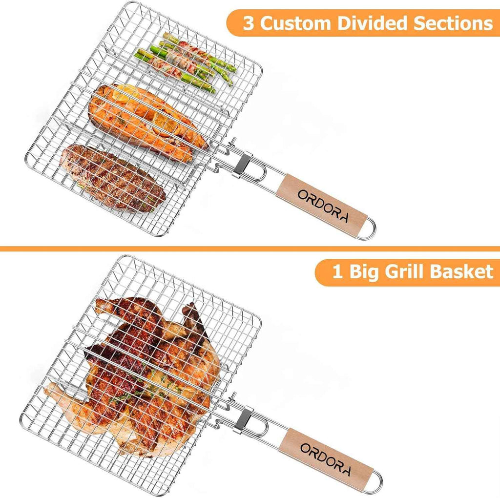 ORDORA Grill Basket Deep, Stainless Steel BBQ Grilling Baskets for Outdoor Grill, Fish Grilling Rack for Veggies, Meat, Shrimps, Grill Accessories with Detachable Handle, Gifts for Dad